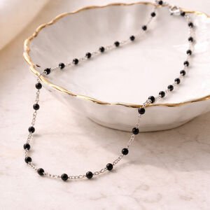 Necklace - 18” Stainless Steel Silver tone Necklace with jet black Bead Accents